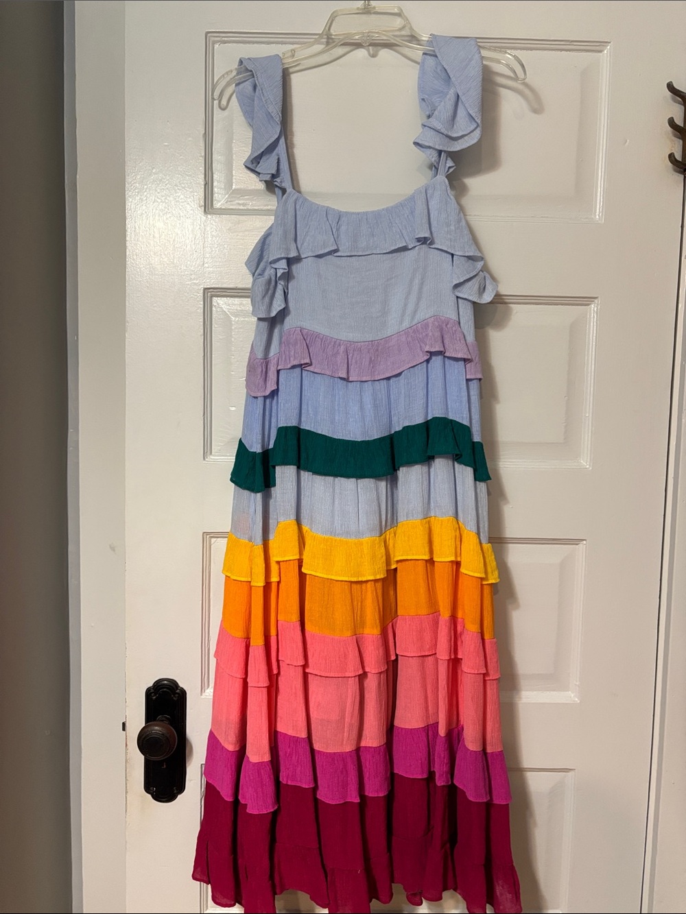 crown & ivy Rainbow Tiered Ruffle Dress - Light Blue & Multi